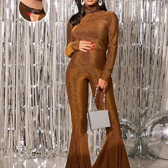 . Tops - Gold Party Womens High Neck Glitter Top & Flare Leg Pants Set